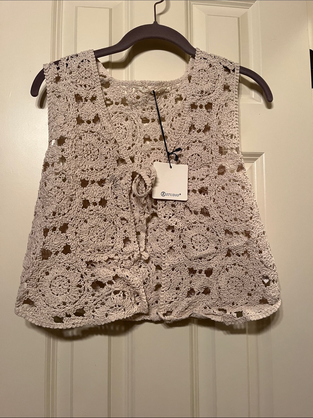 Z Studio Crochet Tie-Front Vest in Light Cream New With Tag